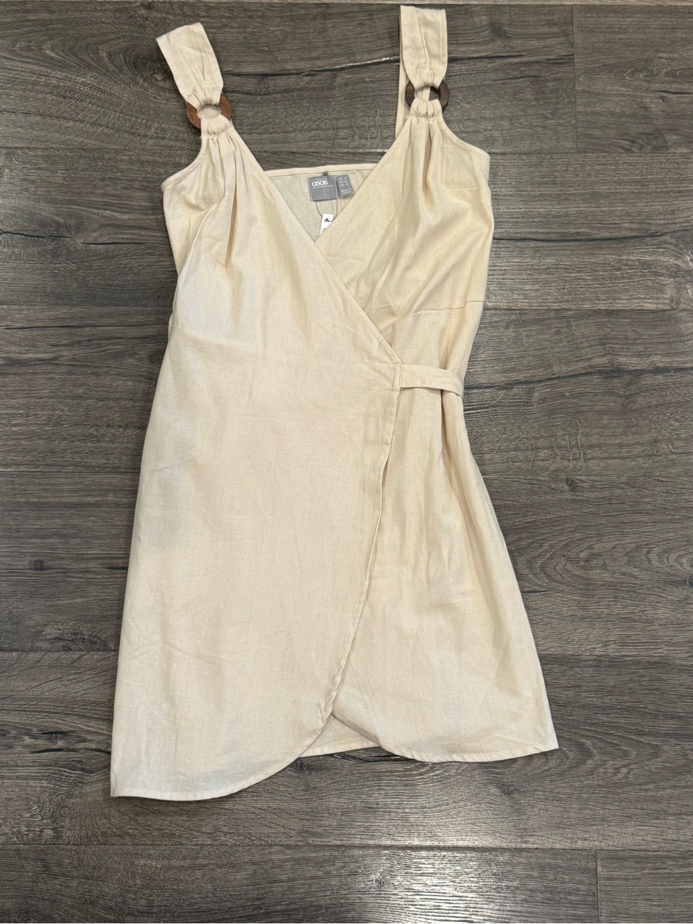 ASOS Cream Wrap-Style Cotton and Linen Mini Dress with Ring-Strap Detail NWT